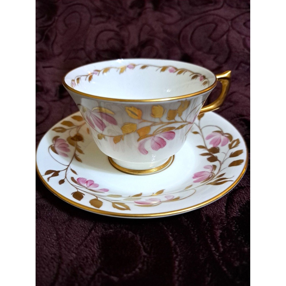 HM SUTHERLAND TEA CUP & SAUCER PINK GOLD BUDS FLOWERS LEAVES ENGLAND